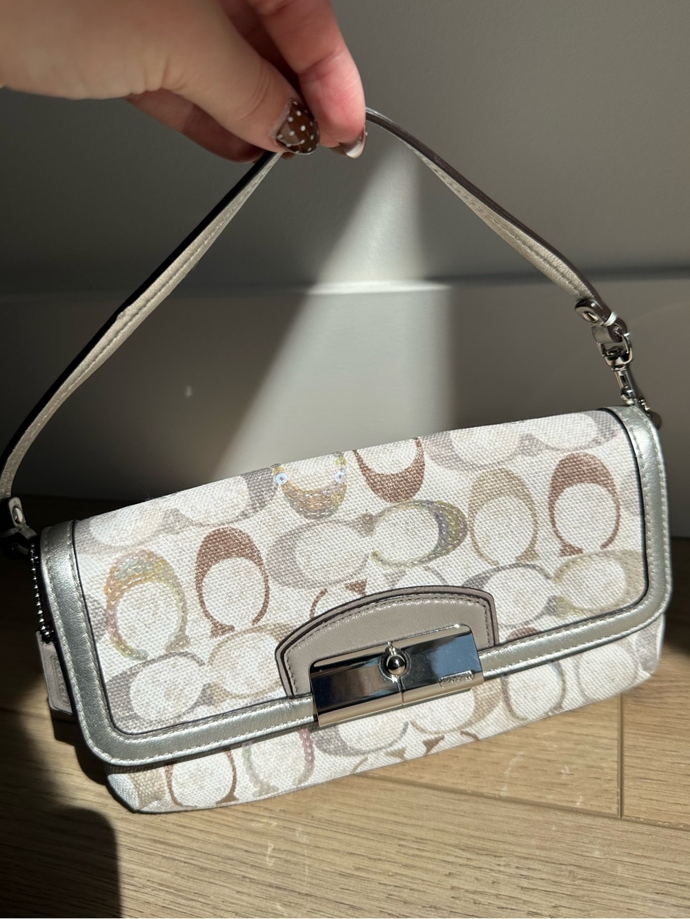 Coach Kristin Y2K Signature Sequin Flap Shoulder Bag Metallic Silver